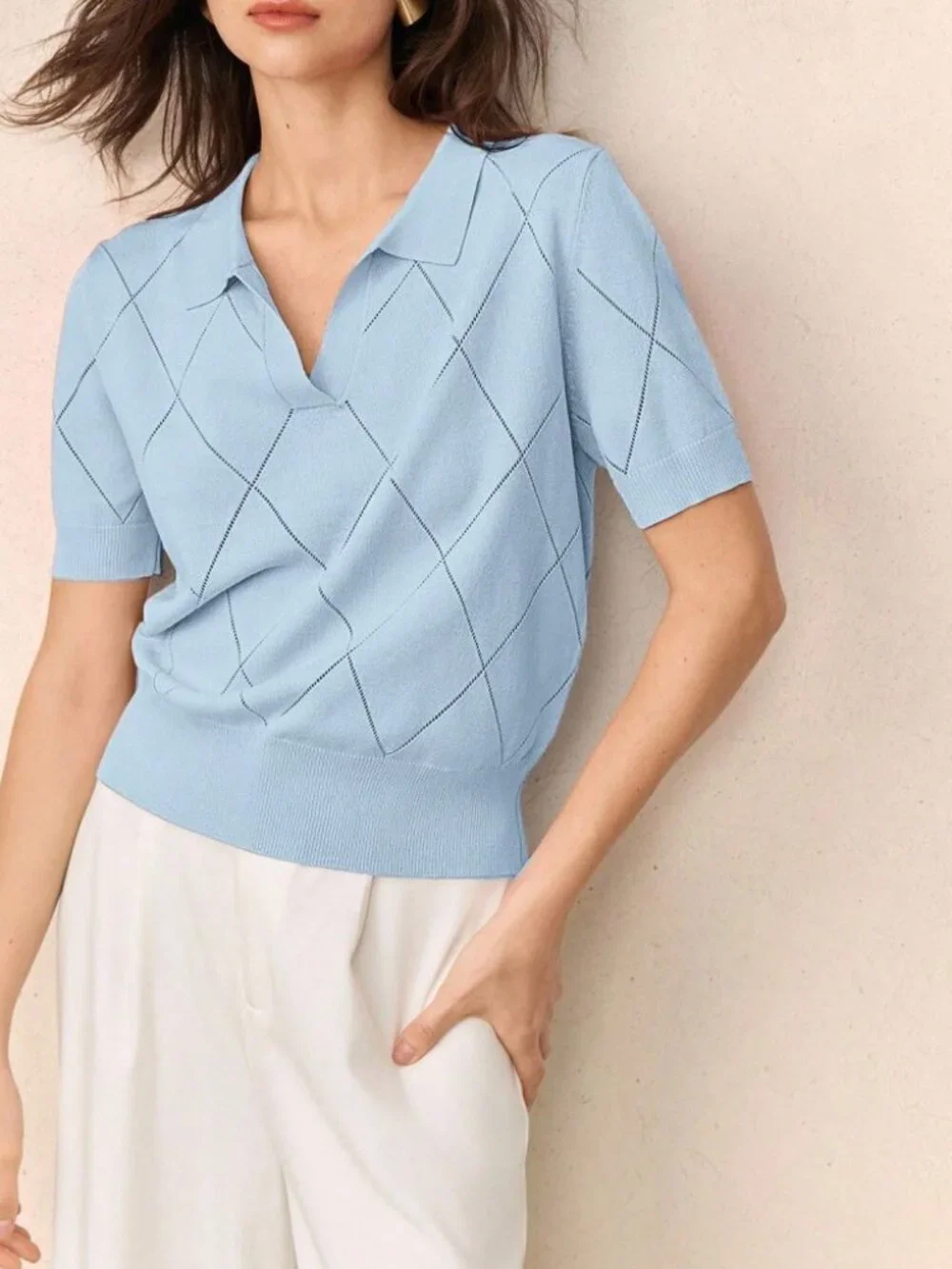 Sky Blue Knit Polo Sweater with Argyle Pointelle Detail
